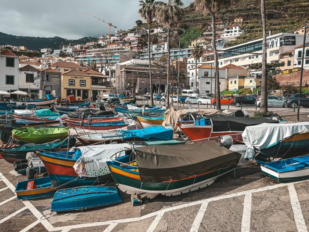 Dozens of brightly coloured wooden fishing boats (blue, red, green, yellow) under tarpaulins, packed tightly on a stone quay, with palm trees and the town’s buildings behind.