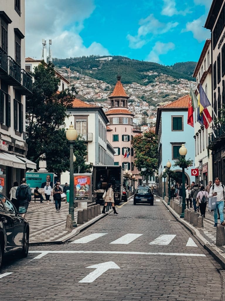 A street in central Funchal with a view of the slopes above the city