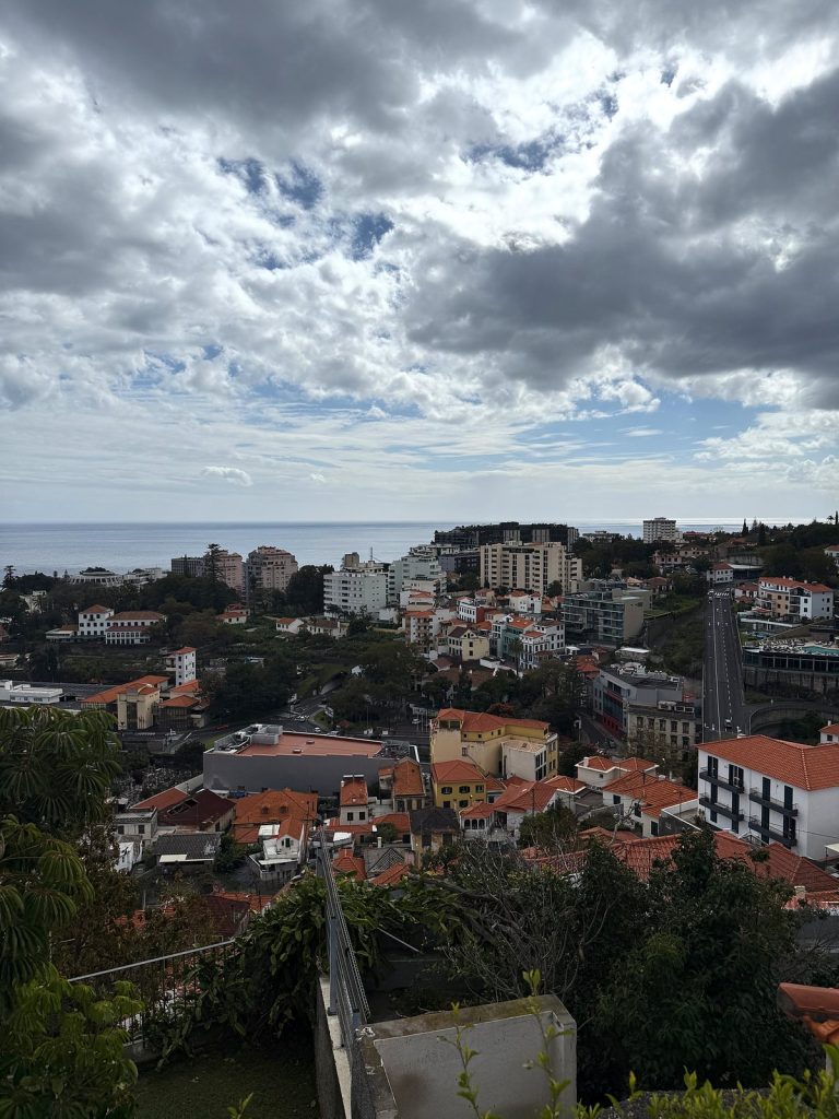 Dark clouds over the rooftops of Funchal, the ocean in the distance