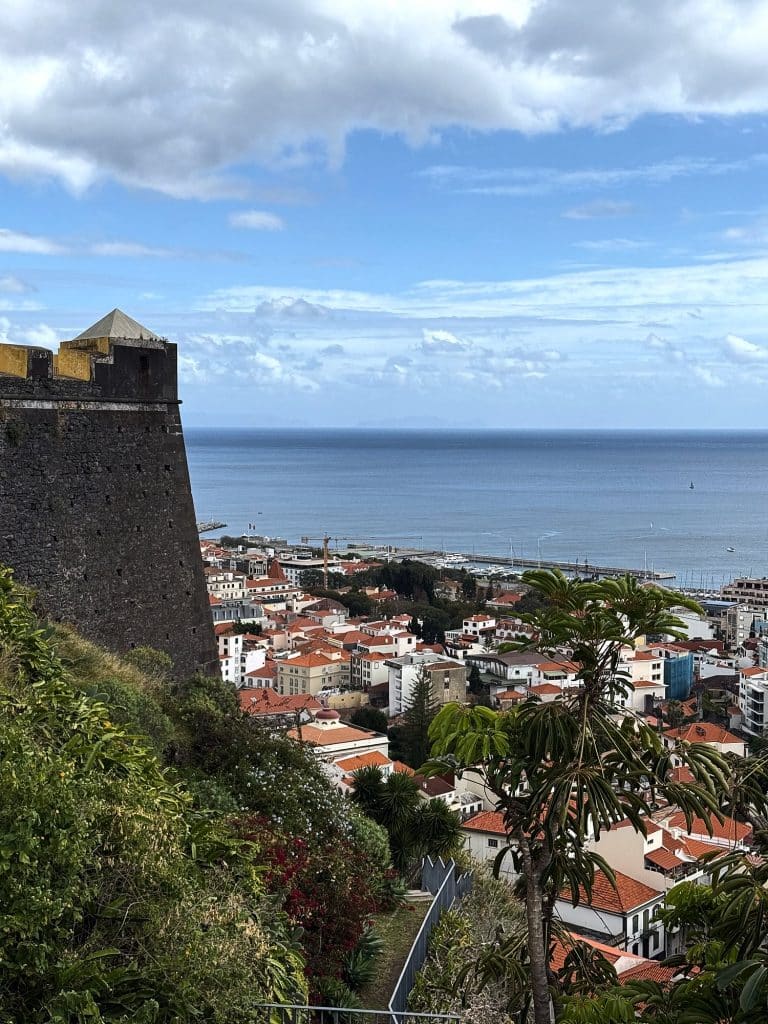 Corner watchtower of Fortaleza do Pico with a pyramid roof above a green slope, below it the rooftops of central Funchal and the harbour breakwater against the ocean