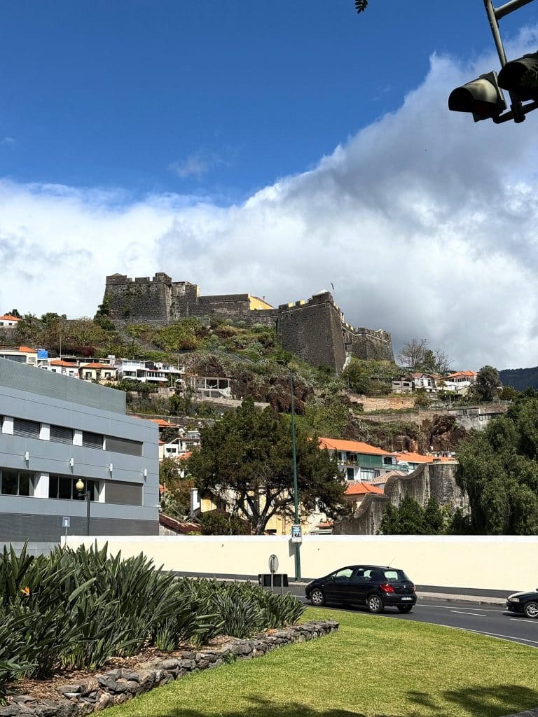 The walls of Fortaleza do Pico on a green hill under a huge white cloud, in the foreground a lawn with agaves, a street with cars and a grey building