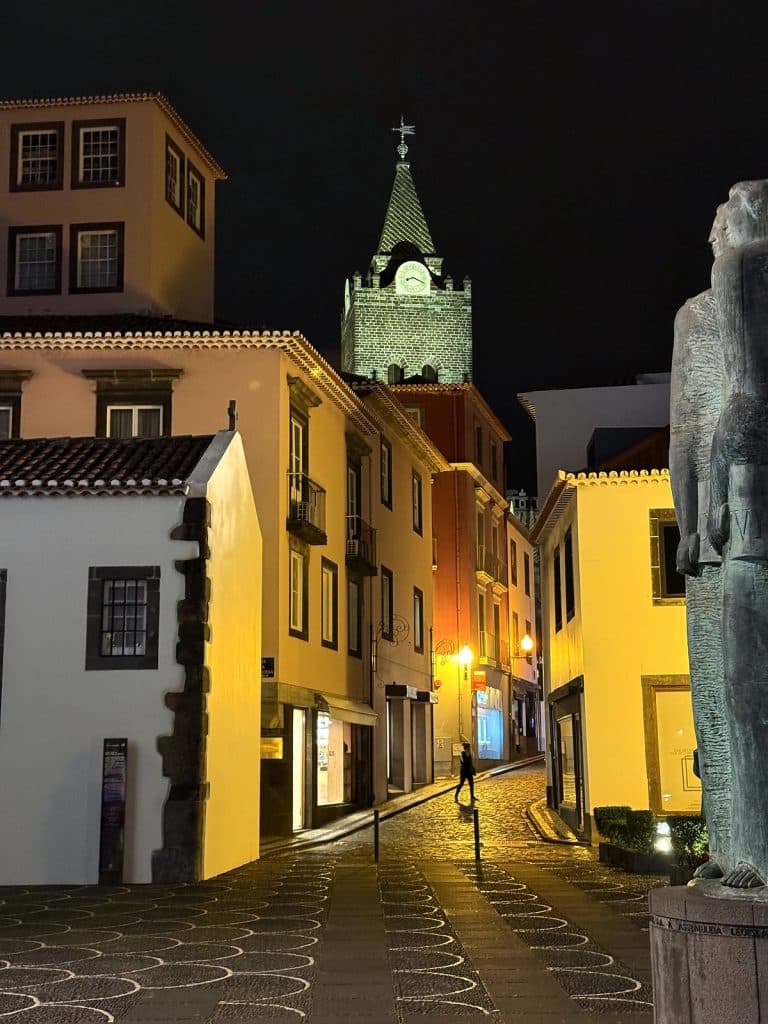 A narrow cobbled lane with yellow and white town houses in lamplight, the illuminated cathedral tower at its end