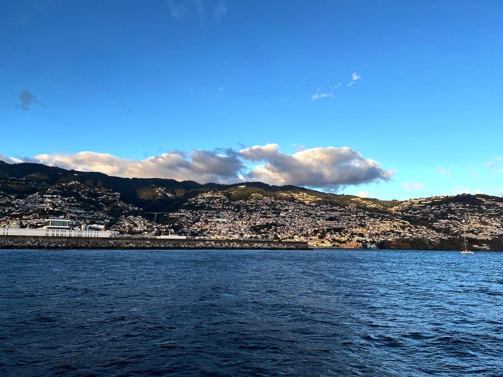 Funchal seen from the ocean, with houses on the slopes above the shore