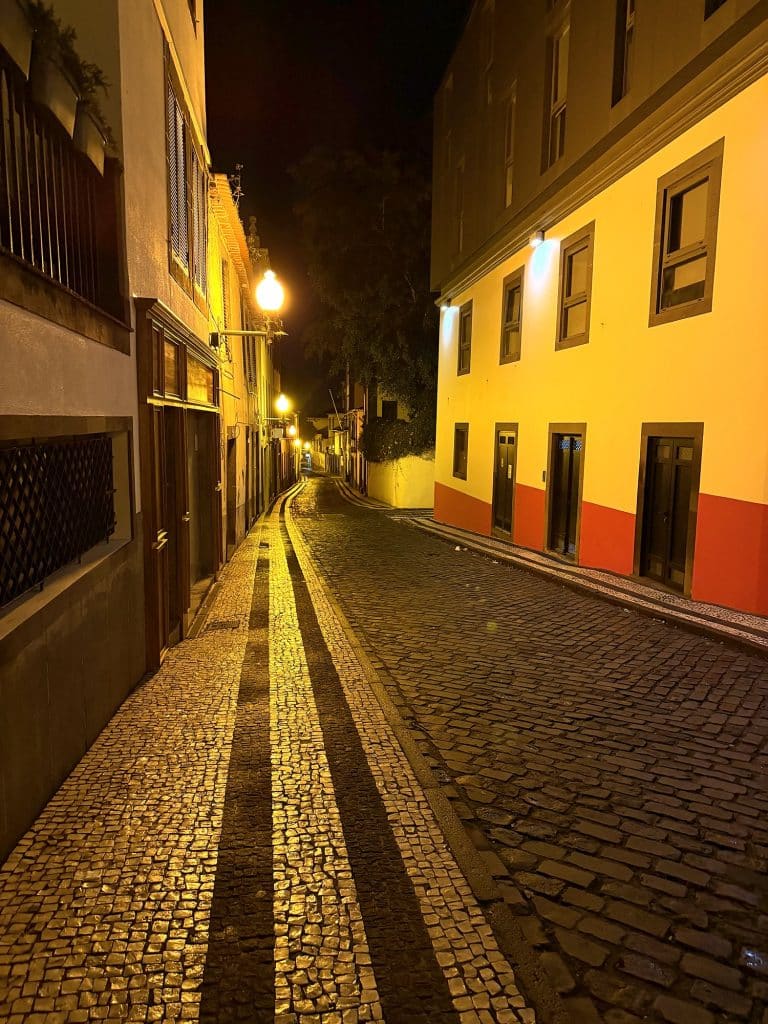 An empty cobbled lane in Funchal at night in lamplight