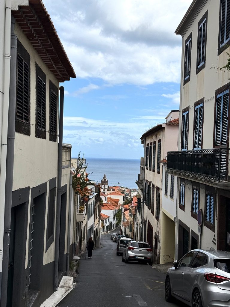 A steep lane in Funchal running down towards the ocean
