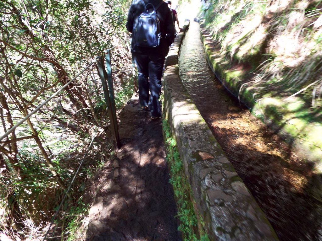 A hiker with a backpack, seen from behind, walks along a narrow path beside a levada channel with flowing water, next to a metal railing