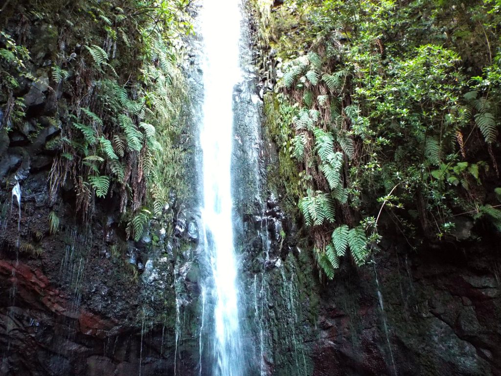 A tall waterfall at 25 Fontes on the PR6 Levada das 25 Fontes trail