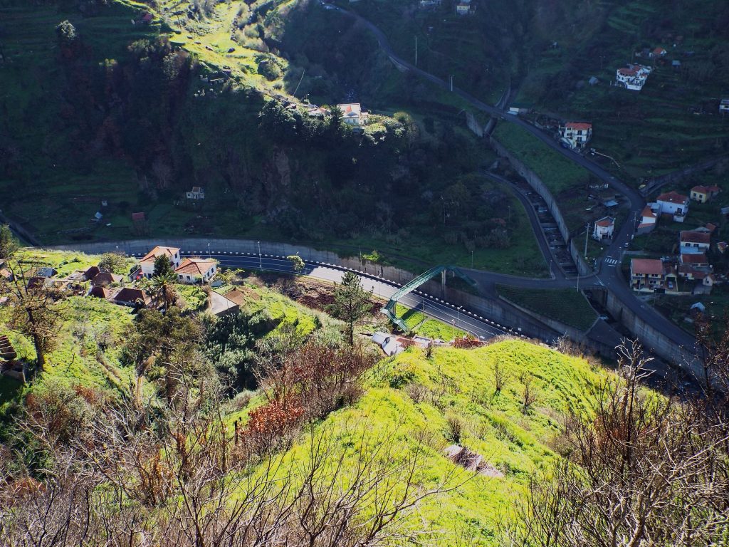 Roads and a viaduct in a mountain valley in Madeira