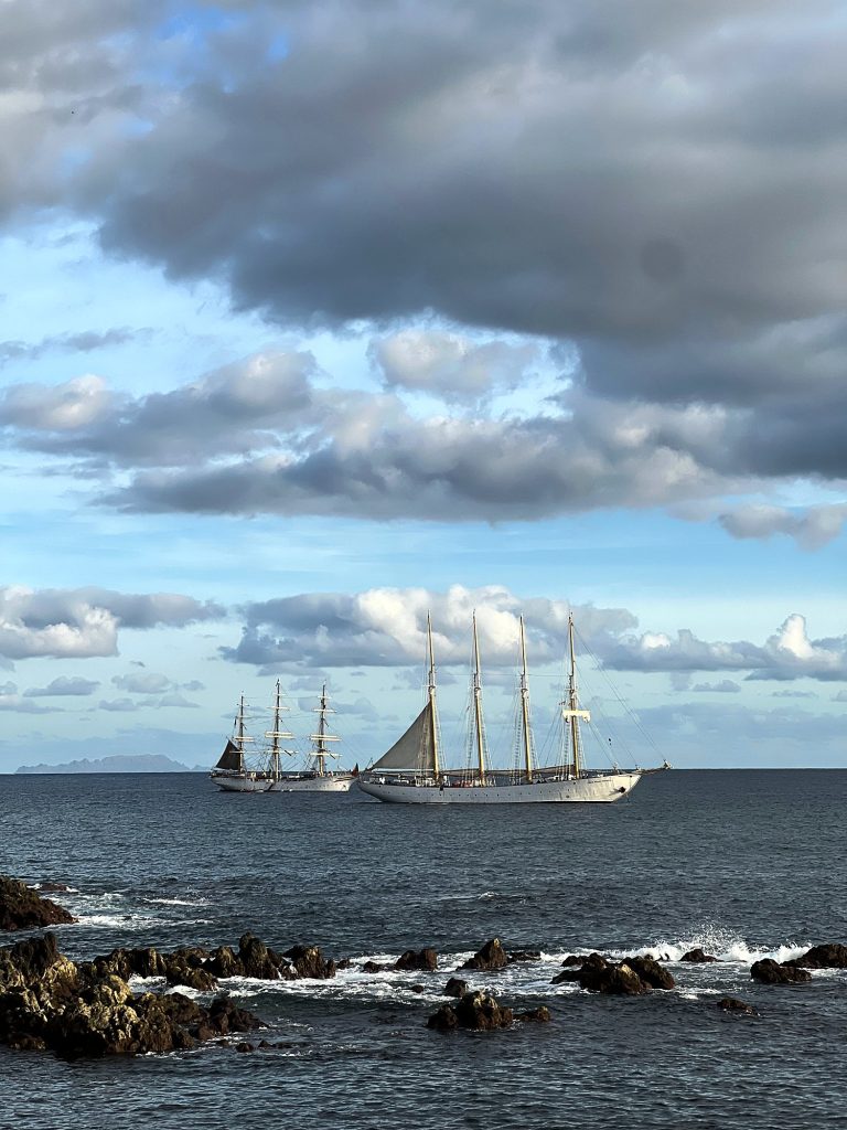Two multi-masted sailing ships on the ocean, with black rocks and waves in the foreground and clouds above