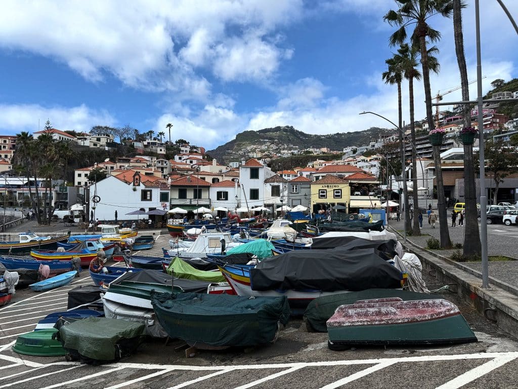 Fishing boats under tarpaulins on the square by the harbour in Câmara de Lobos, with white houses, palm trees and a green hillside behind