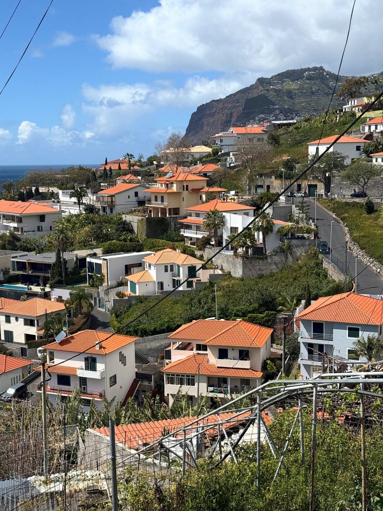 White houses with orange roofs on a steep slope, with the Cabo Girão cliff under clouds behind