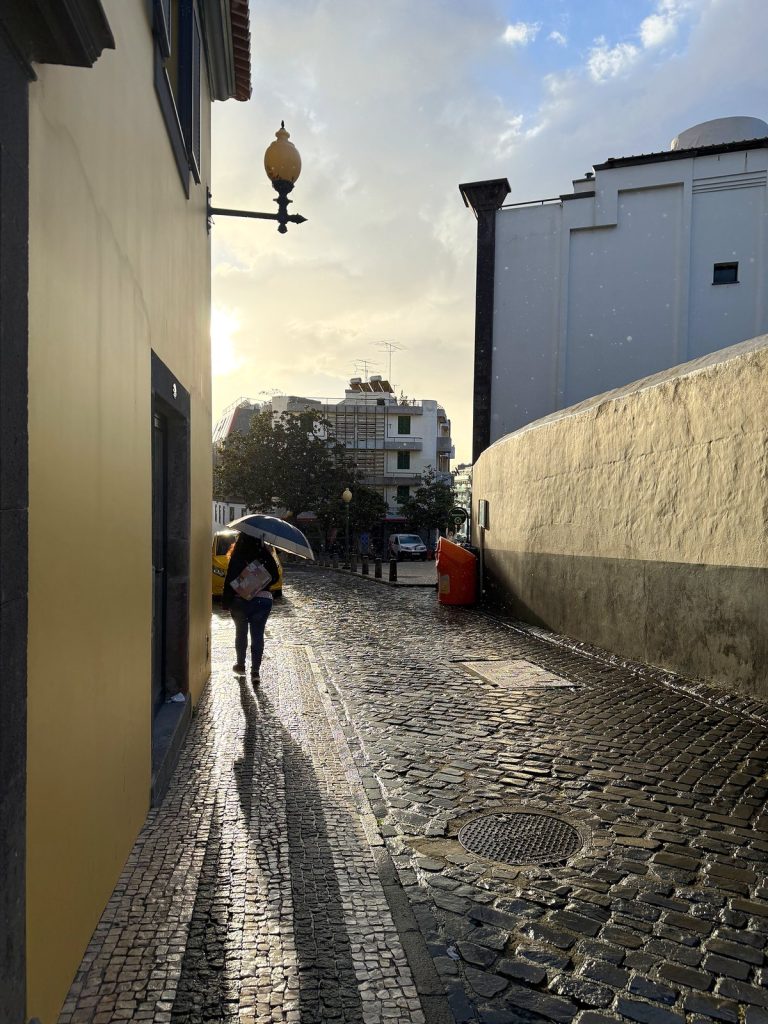 A narrow cobbled street in Funchal wet after rain, a passer-by with an umbrella walking into the light, a white wall on the right