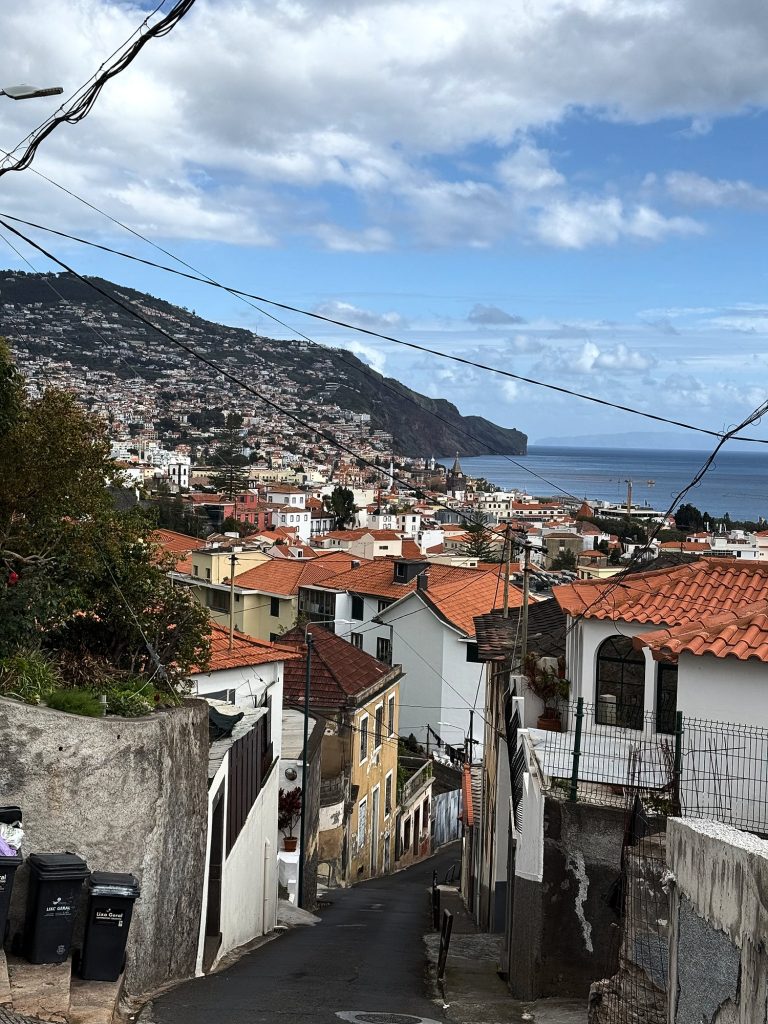 A steep street between houses with orange roofs running down towards the bay of Funchal, with cables and clouds overhead