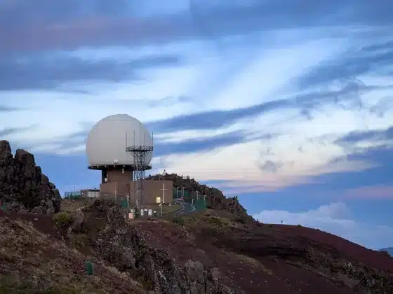 Dawn on Pico do Arieiro, the white radar dome against the clouds