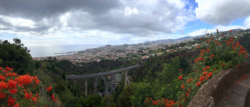 Panorama of Funchal from the Botanical Garden, with red flowers and the viaduct