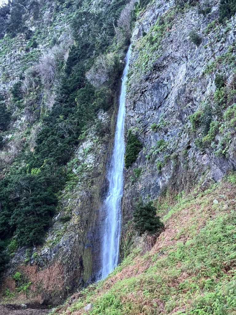A tall, narrow waterfall falling down a green and grey rock face