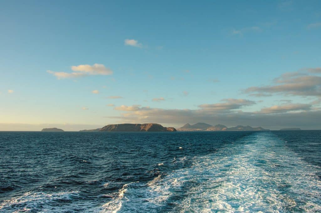 Porto Santo on the horizon seen from the deck of the ferry