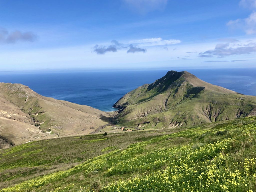 Green hills of Porto Santo above the ocean