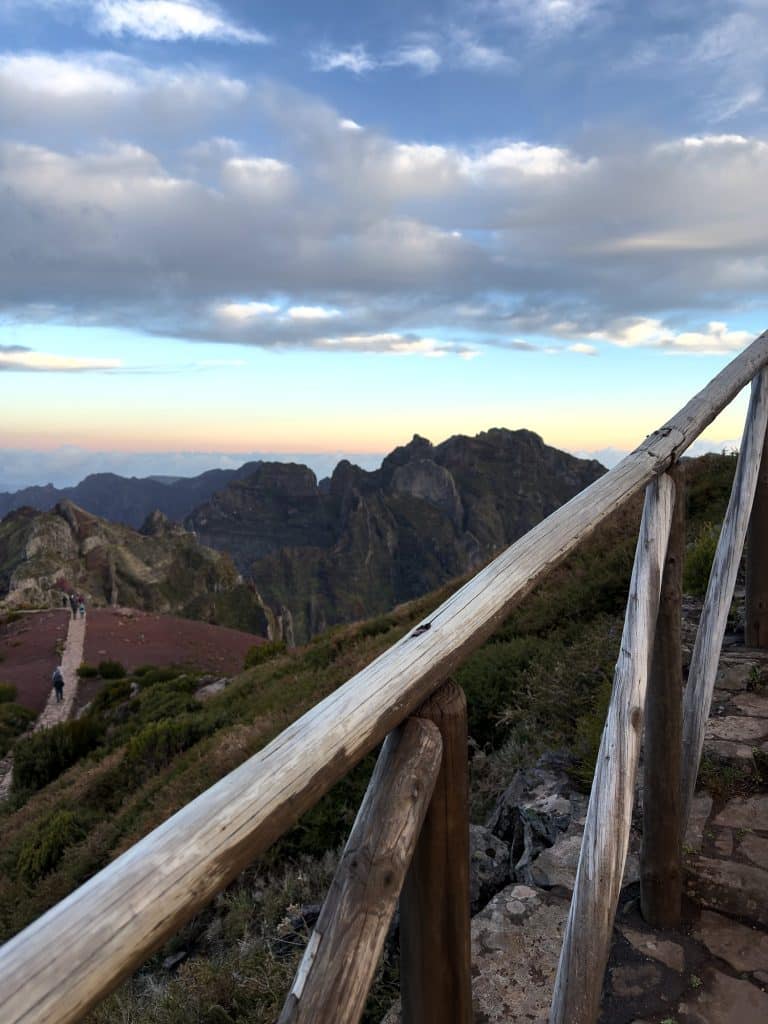Wooden railing at the start of the PR1 Vereda do Areeiro trail by Pico do Arieiro