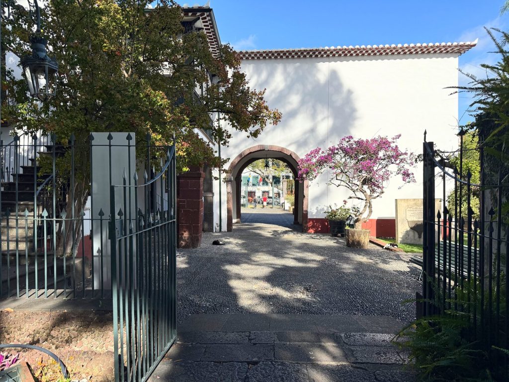 An open wrought-iron gate and a path to an arched passage in a white wall, a small tree with pink flowers beside it