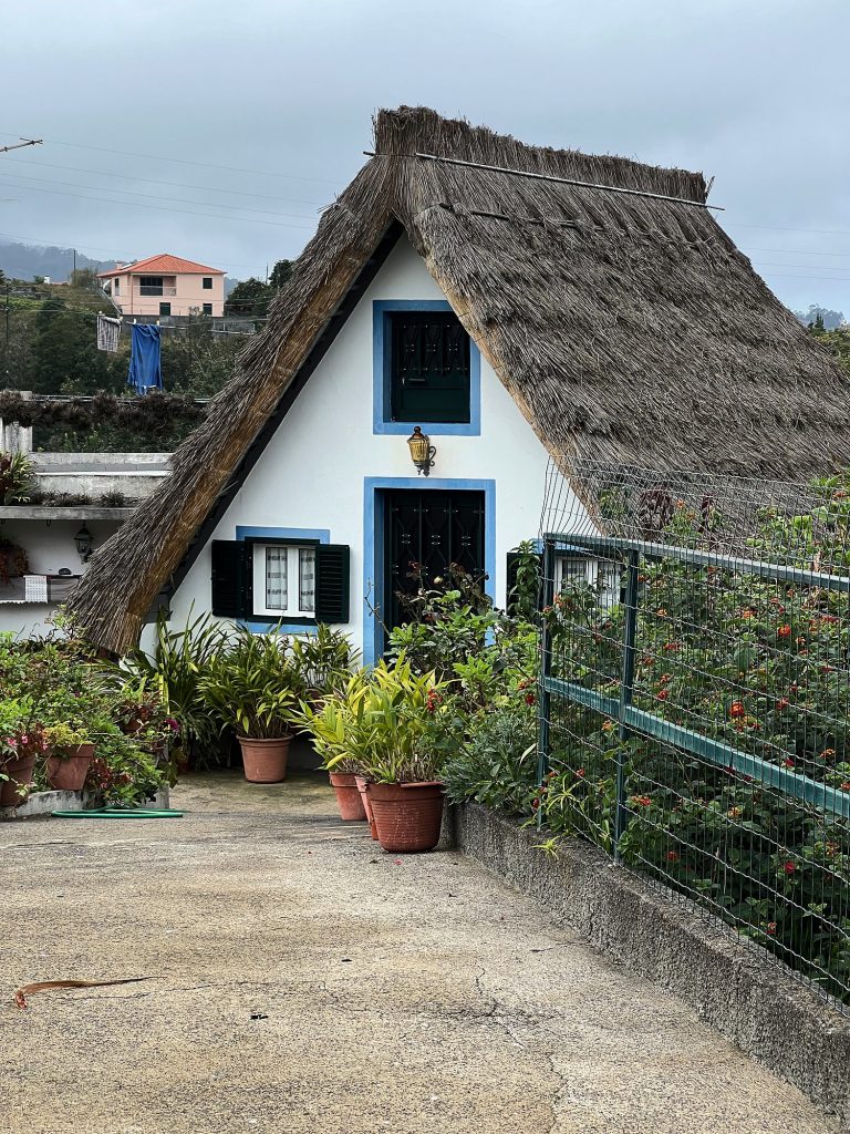 A white triangular thatched house with blue window frames, potted plants and a green railing in front