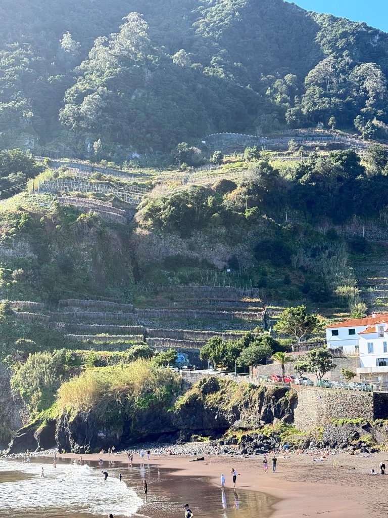 Farming terraces on a steep slope above a dark-sand beach, with waves and small figures of people below