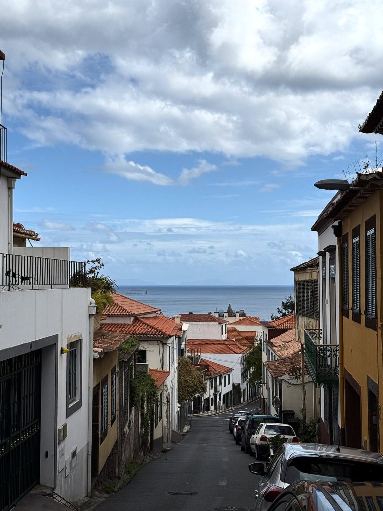 A steep lane with parked cars heading down towards the ocean, a yellow town house on the right