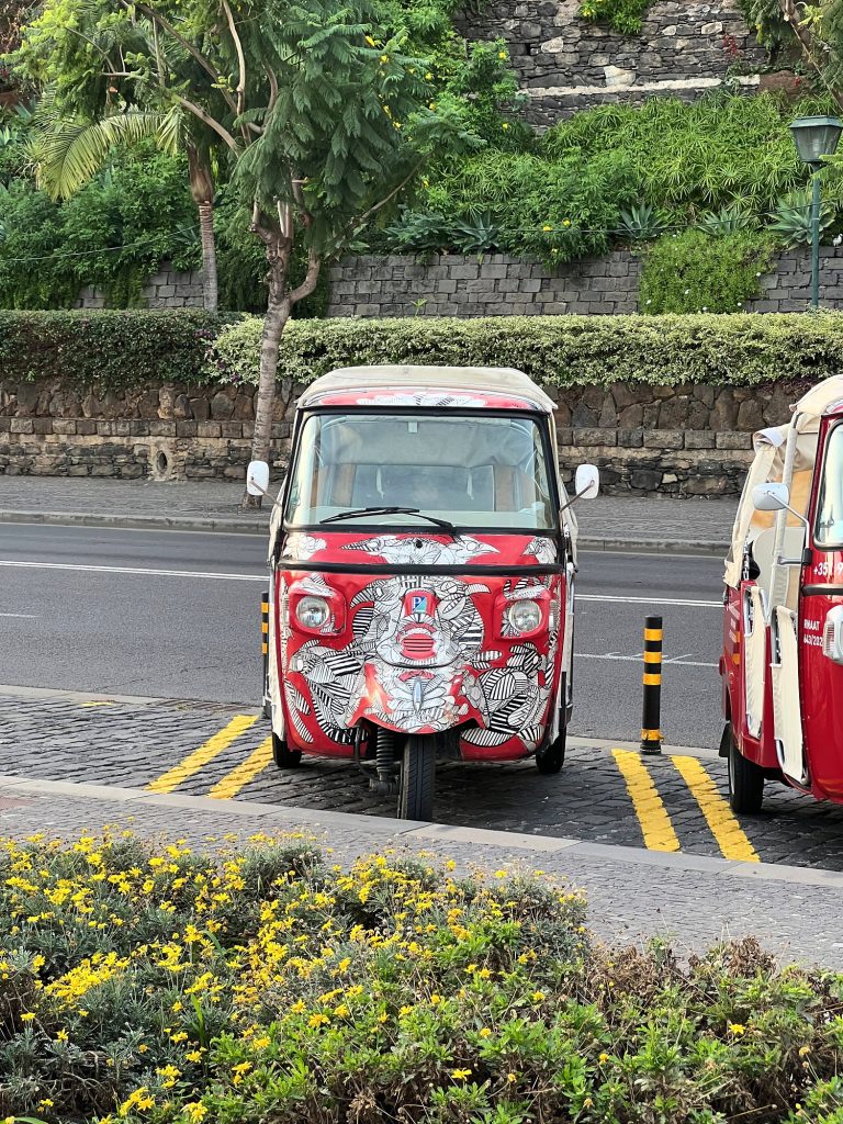 Colourful tuk-tuk parked by a flower bed with yellow flowers in Funchal