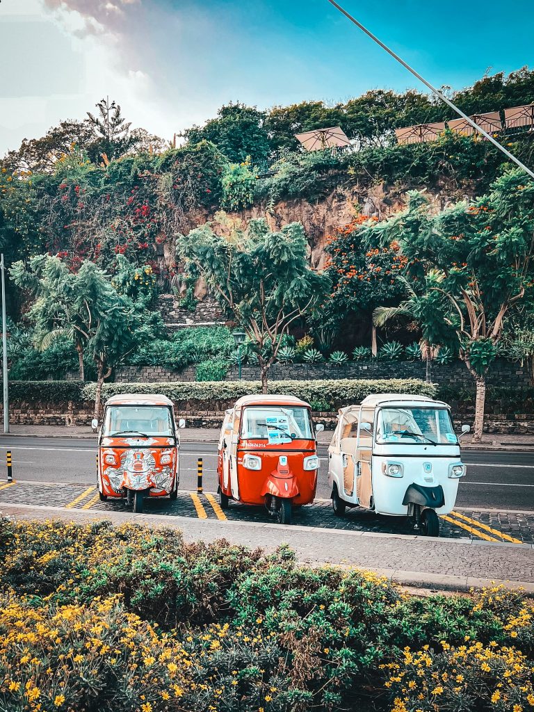 Three tuk-tuks parked by the promenade in Funchal