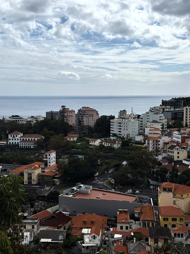 Panorama of Funchal from above: red roofs, greenery between the houses, white blocks and the ocean to the horizon under a sky full of small clouds