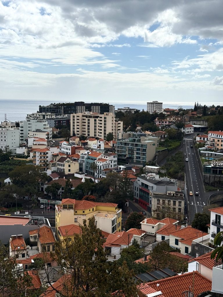 Looking down on western Funchal: town houses with orange roofs, a street running downhill, tall hotels and the ocean under a cloudy sky