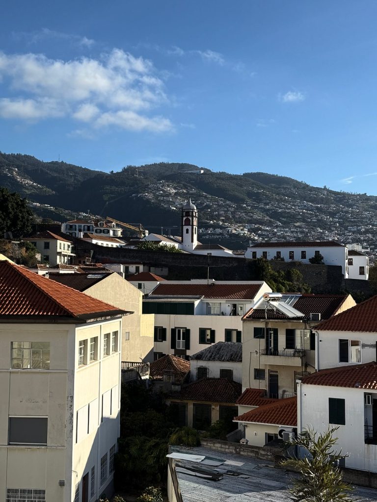 Rooftops in central Funchal with a church tower and green mountain slopes under a blue sky