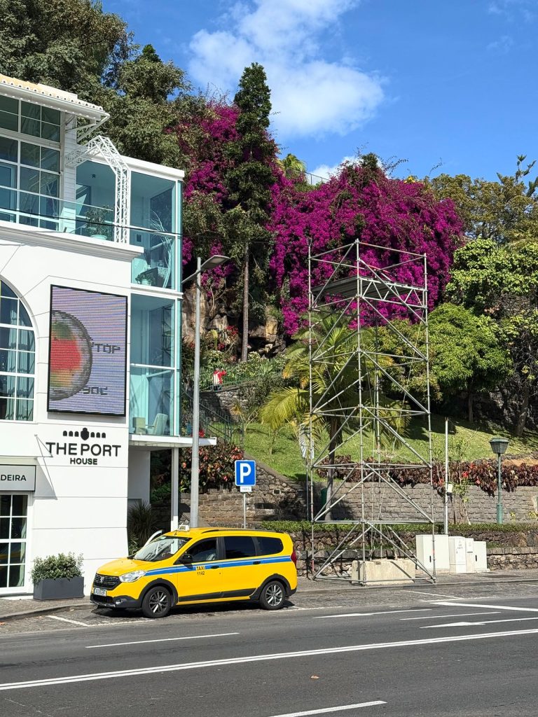 Yellow taxi in front of the white Port House building, with purple bougainvillea in bloom above it