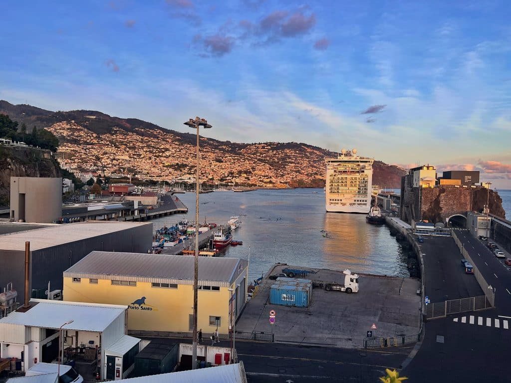 Funchal harbour with a cruise ship, the city’s buildings on the slopes behind